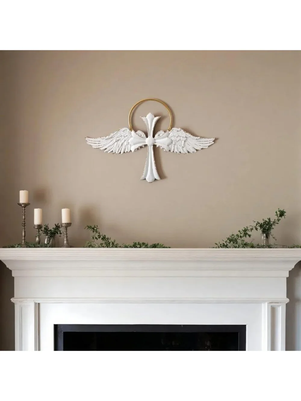 Rustic Farmhouse Angel Wings Wall Decor - Distressed Wood Cross Art for Home